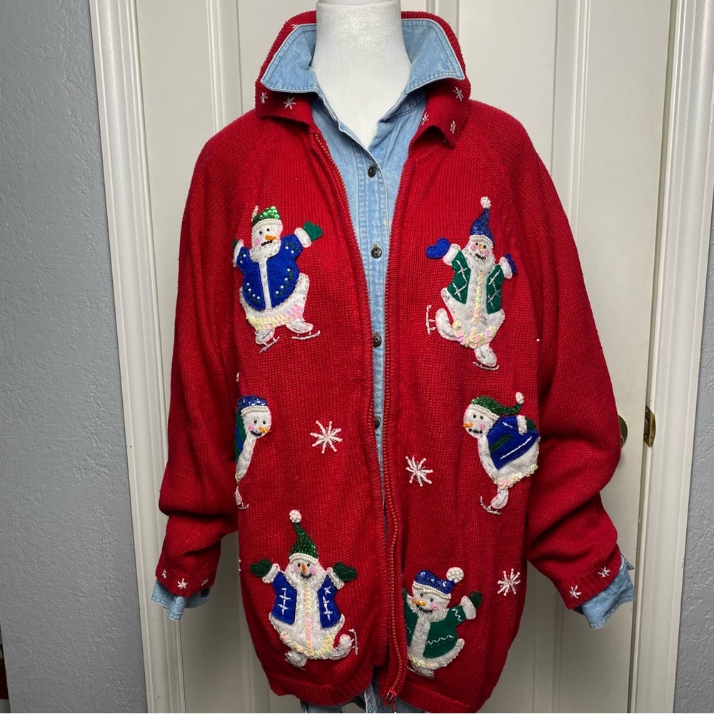 Vintage Tiara red zip up ugly Christmas cardigan sweater snowman appliqué 1X